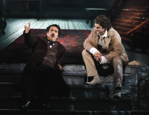 Usher House with Dominic Armstrong as Poe and Keith Phares as Roderick Usher, Los Angeles Opera. / © Craig Mathew/Mathew Imaging
